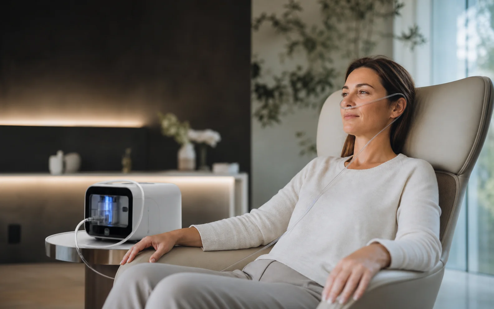 Osoba podczas inhalacji wodorowej w eleganckim gabinecie wellness
